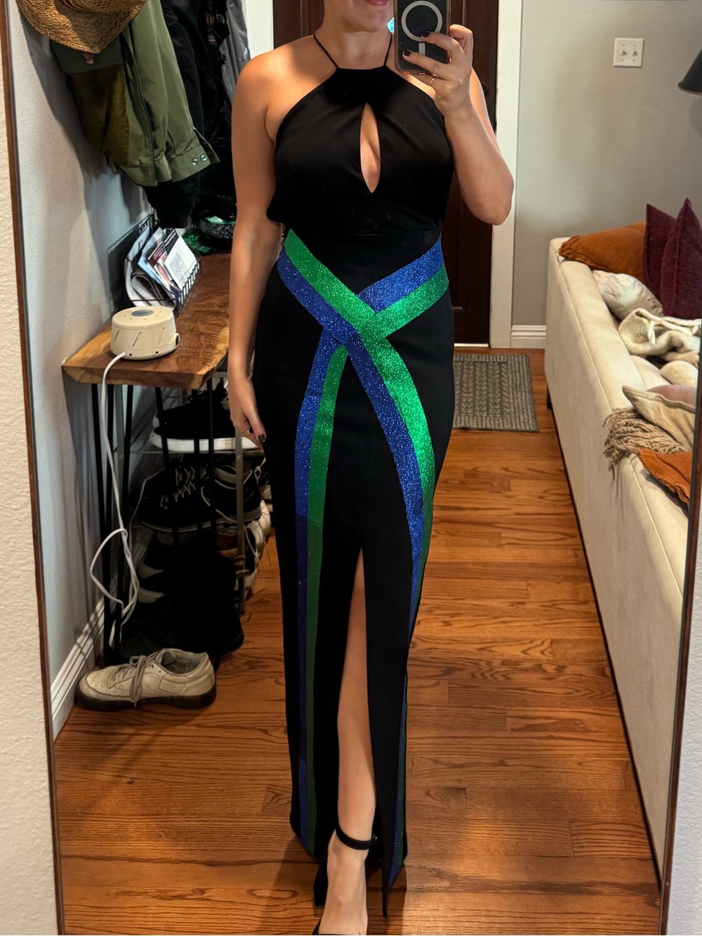 Severance Costume - Helly R Black gown with blue and green design